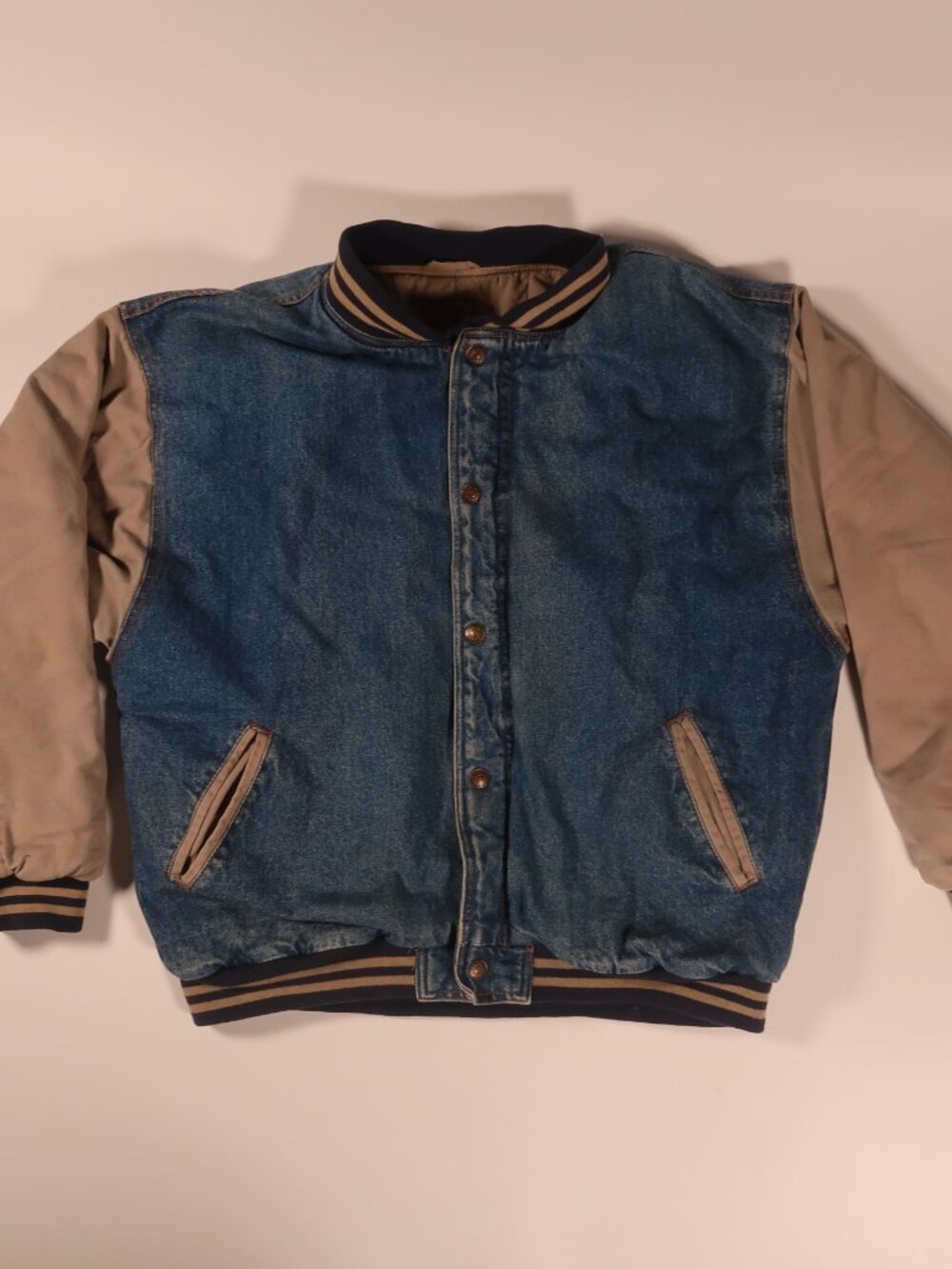 Classic Denim Stone Wash Varsity Bomber Jacket Sz XL with Tan Sleeves